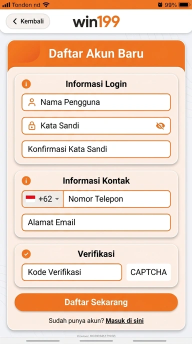 Tampilan halaman daftar win199